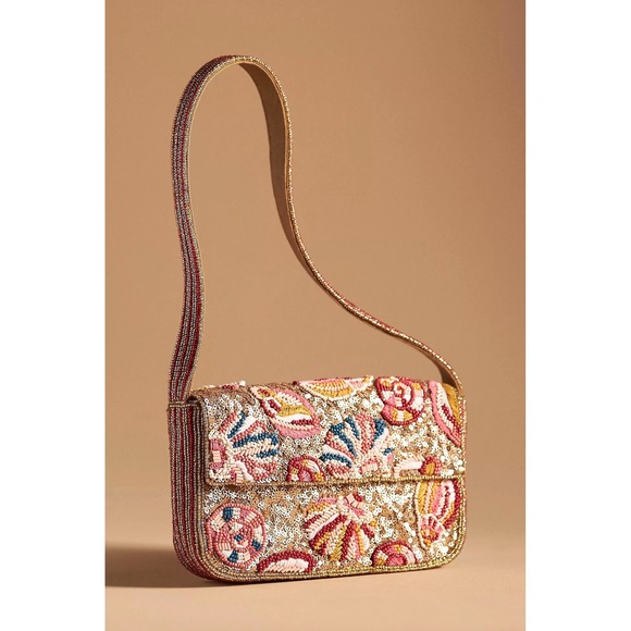 Anthropologie Handbags - NWT Anthropologie Fiona Beaded Bag 
Seashells Shoreline Purse Golden LE Summer